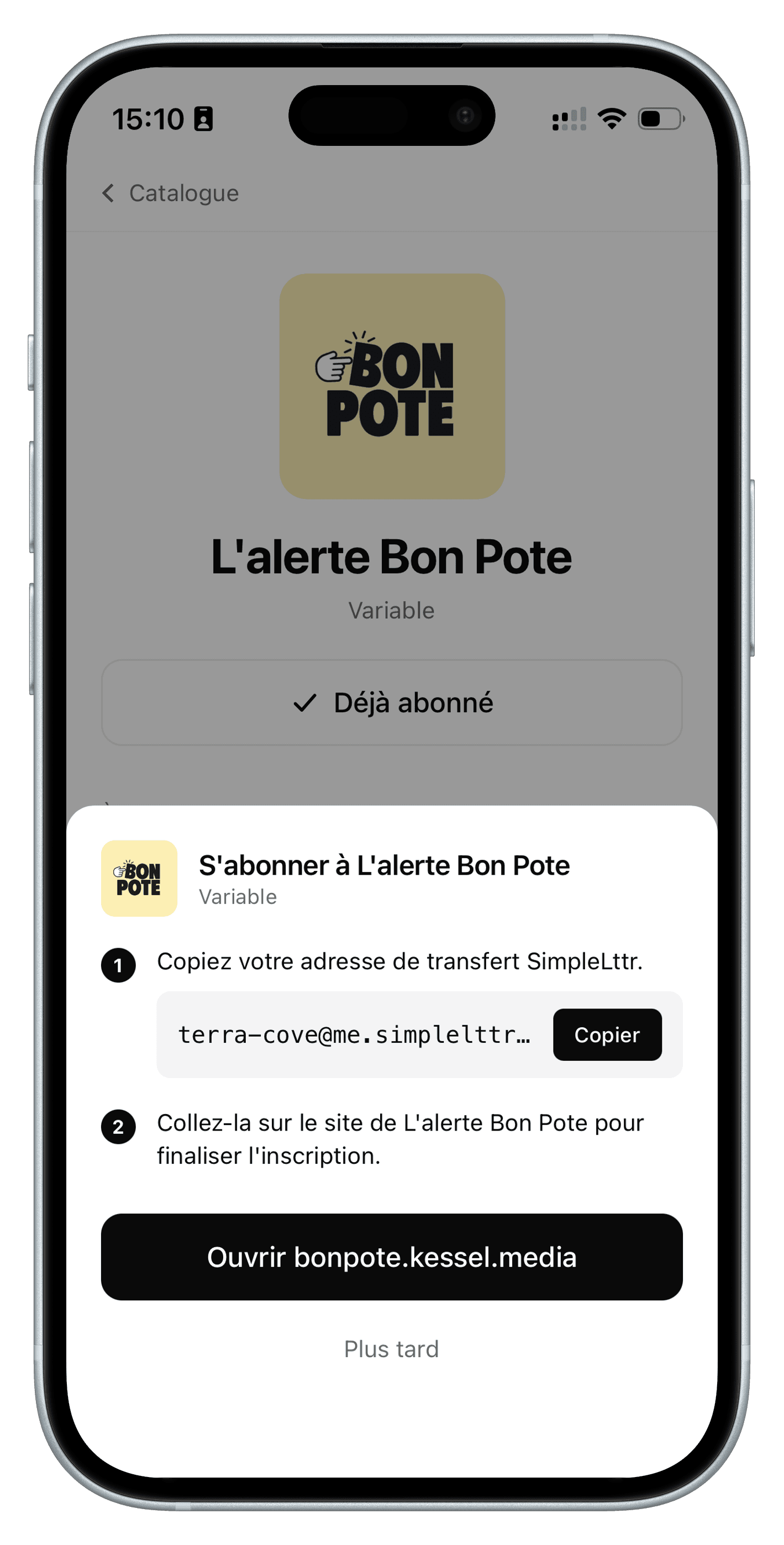 L'abonnement guidé dans SimpleLttr : copier son adresse de transfert, puis la coller sur le site de la newsletter.